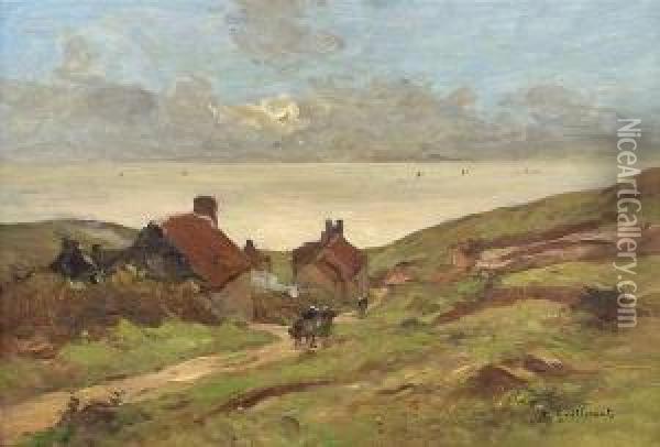 Guillemet, Antoine: Sand Dunes Landscape Withhouses. Oil On Wood. Signed Oil Painting - Jean Baptiste Antoine Guillemet