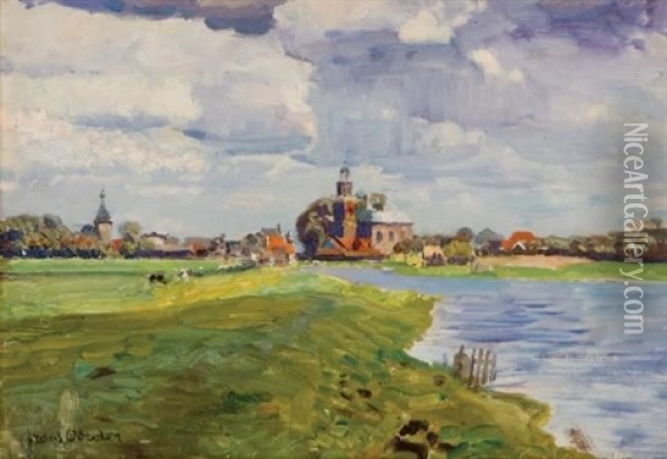 Dutch Meadow And River With A Town In The Background Oil Painting - Frans David Oerder