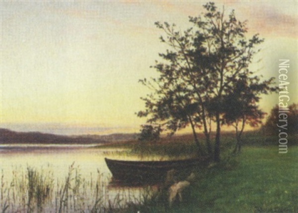 Landskab Med Robad Ved Bred Oil Painting - Adolph Larsen