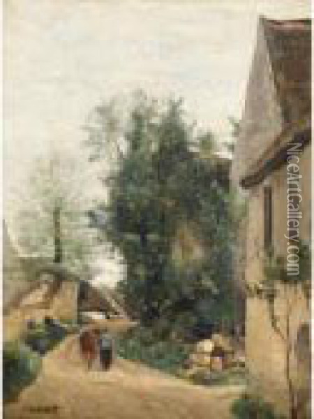 Auvers, Une Rue De Village Avec Une Paysanne Et Sa Vache Oil Painting - Jean-Baptiste-Camille Corot