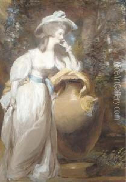 Portrait Of Philadelphia De 
Lancy, In A White Dress And Sash, Leaning On An Urn, In A Wooded 
Landscape Oil Painting - Daniel Gardner