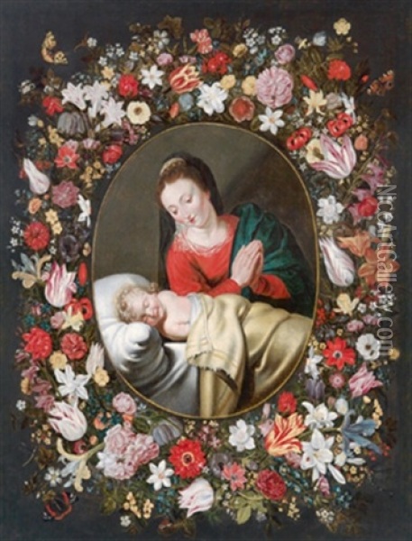 Maria Mit Schlafendem Jesusknaben In Einem Blumenkranz Oil Painting - Andries Daniels
