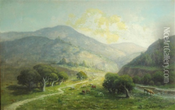 Cows Grazing With Mount Tamalpais Beyond Oil Painting - Carl Christian Dahlgren