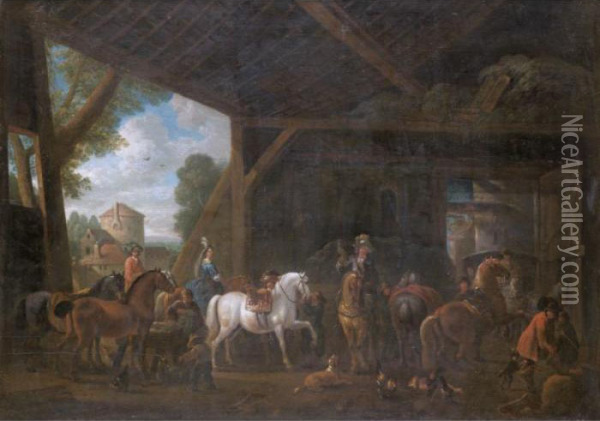 A Barn Interior With An Elegant Company Preparing For A Hunt Oil Painting - Pieter Wouwermans or Wouwerman