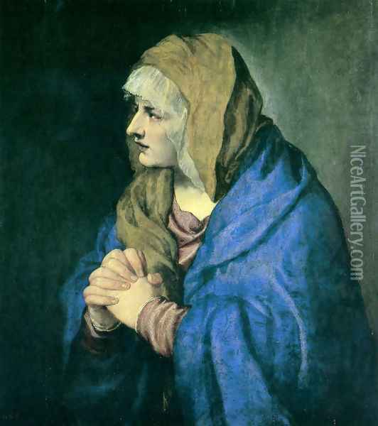 Mater Dolorosa (with clasped hands) 1550 Oil Painting - Tiziano Vecellio (Titian)