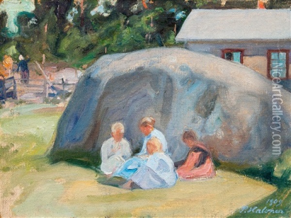 Children Playing In The Yard Oil Painting - Pekka Halonen