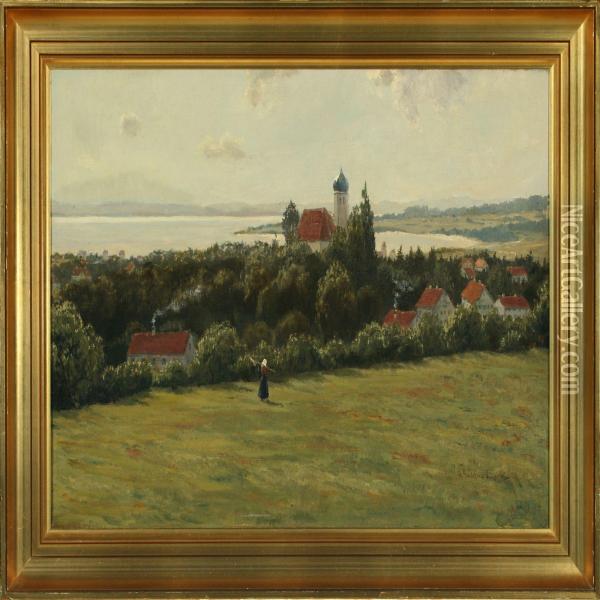 A South Germanlandscape With Church And A Larger Lake Oil Painting - A. Andersen-Lundby
