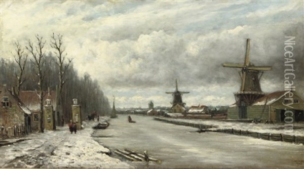 Strolling Along A Frozen River Oil Painting - Johannes Jacobus (Jan) Heppener