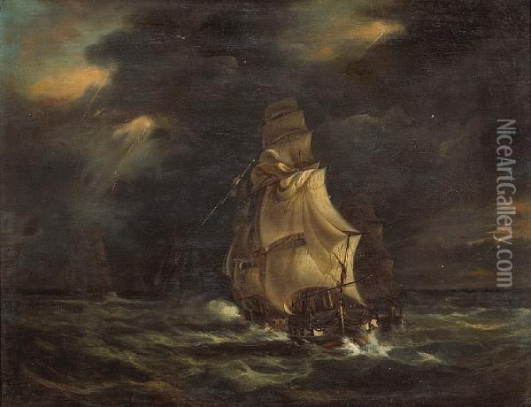 Losing A Sail; Keeling Over (a Pair) Oil Painting - Richard Bridges Beechey