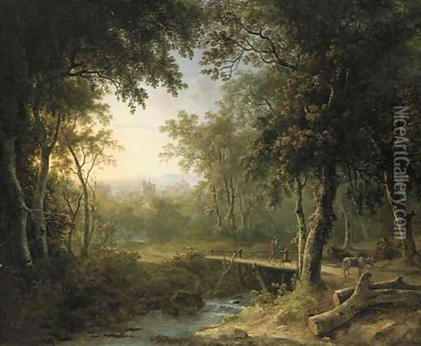 A figure on a bridge before a village at dusk Oil Painting - Abraham Pether