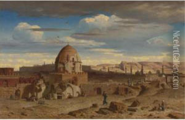 View Of The South Of The Necropolis In Cairo With The Citadel Inthe Background Oil Painting - Prosper Georges Ant. Marilhat