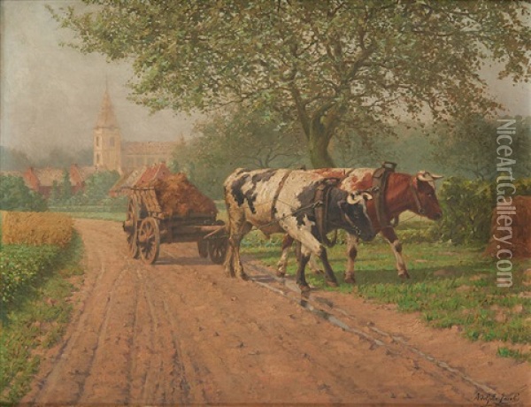 Chariot Attele Dans Le Village Oil Painting - Adolphe Jacobs