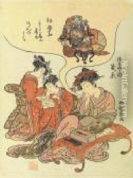 Beauty Dreaming Of Wealth And Two Kamuro Reading Oil Painting - Isoda Koryusai