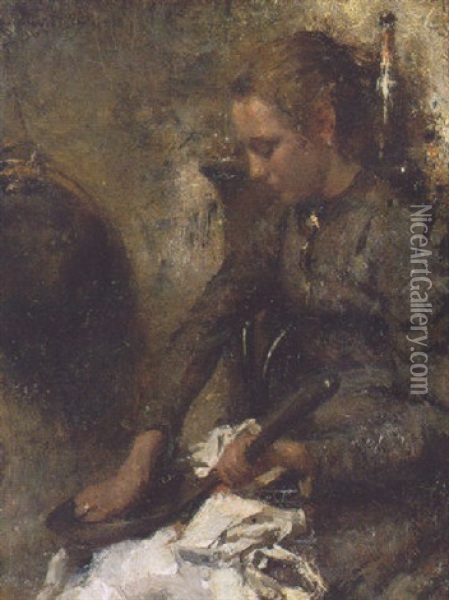 A Woman Cleaning A Pan Oil Painting - Otto Willem Albertus Roelofs