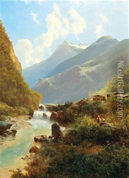 By The Mountain Torrent Oil Painting - Leopold Heinrich Voescher