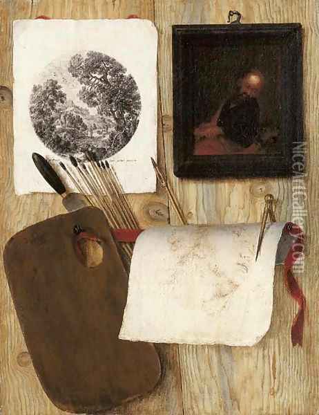 A trompe-l'oeil A palette with a spatula and paint brushes, an engraving, an oil painting, and a drawing with a pen and compass on a wooden partition Oil Painting - Jean-Francois de Le Motte