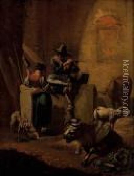 Flotespielender Hirtenjunge Und Madchen Mit Spinnrocken Oil Painting - Nicolaes Berchem