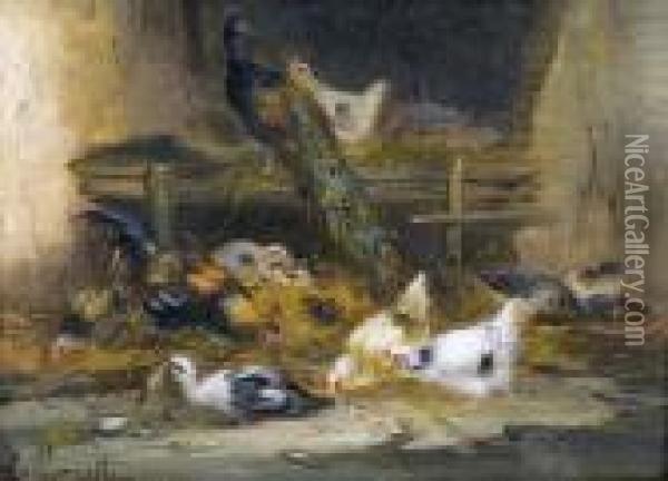 Pfau Mit Huhnern Und Enten In Einem Stall. Oil Painting - Claude Guilleminet