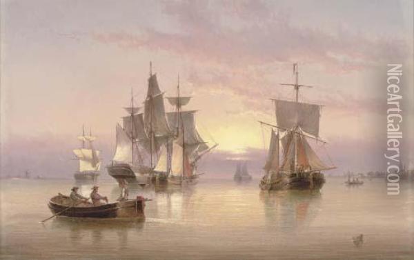 Shipping On The Estuary At Dusk Oil Painting - Henry Redmore