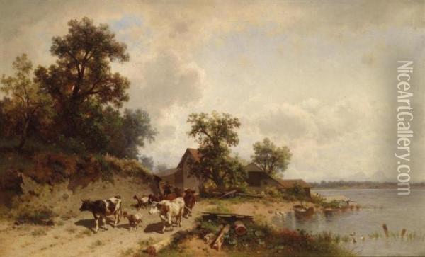 Herd Of Cattle On The Lakeshore Oil Painting - Conrad Buhlmayer