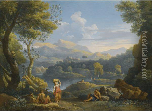 An Italianate River Landscape 
With Figures Resting In Theforeground And Hilltop Towns Beyond Oil Painting - Jan Frans Van Bloemen (Orizzonte)