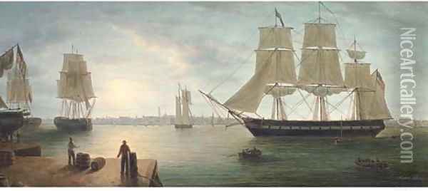 Merchant shipping in Boston Harbour at nightfall Oil Painting - James Hardy Jnr