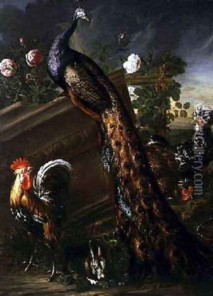 Peacock and Cockerels Oil Painting - David de Koninck