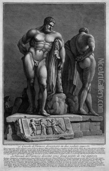 L'ercole Di Farnese Disegnato In Due Vedute Opposte Oil Painting - Giuseppe Vasi