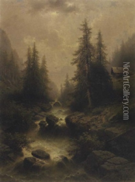 Wasserfall Im Gebirgstal Oil Painting - Albert Rieger