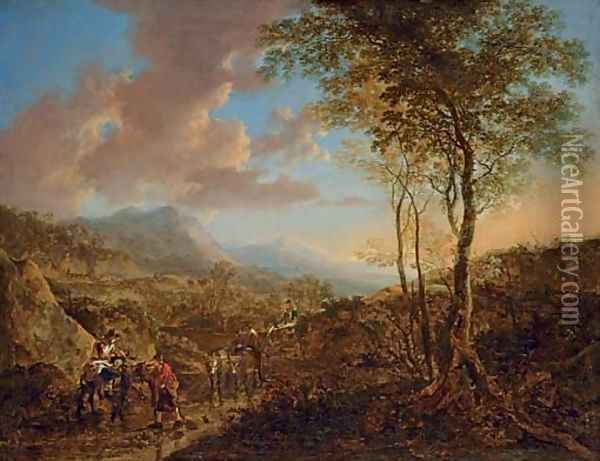 An Italianate landscape with peasants on a path Oil Painting - Jan Both