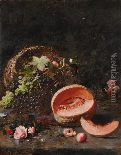 Natura Morta Con Cesto D'uva, Melone E Rami Di Rose Oil Painting - Carl Christian E. Carlsen
