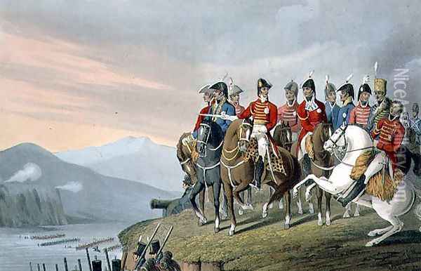 The Duke of Wellington and his Staff Crossing the Bidassoa and Entering France, 1813, engraved by Matthew Dubourg fl.1813-20 from Historic, Military and Naval Anecdotes, pub. by Edward Orme 1774-c.1820 1818 Oil Painting - Rigaud, Stephen Francis Dutihl