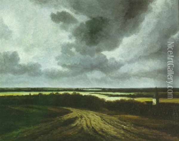 A View Of The Countryside With A Church Steeple In The Foreground Oil Painting - Georges Michel