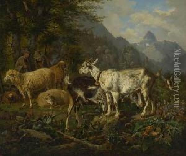 Hirten Mit Ziegen Und Schafen In
 Gebirgslandschaft. Oil Painting - Sebastian Habenschaden