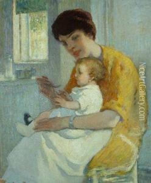 Portrait Of The Artist's Wife And Daughter, Rosemary Oil Painting - Francis Luis Mora