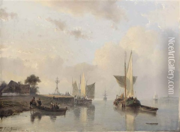 Loading The Ferry On A Sunny Day Oil Painting - Andreas Schelfhout