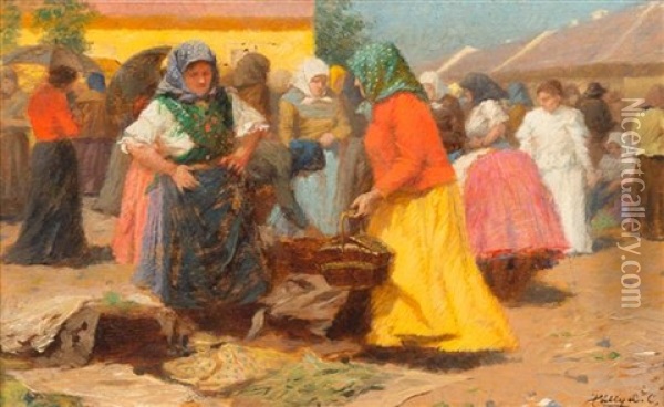 Woman At Village Market Oil Painting - Celesztin Pallya