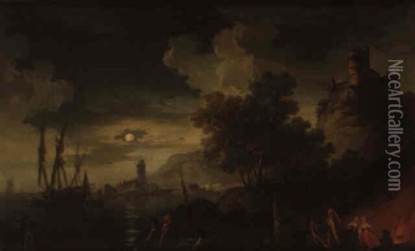 Pecheurs Au Clair De Lune Oil Painting - Charles Francois Lacroix