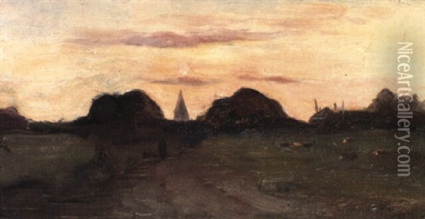 An Extensive Landscape With A Church Spire In Distance Oil Painting - Piet Mondrian