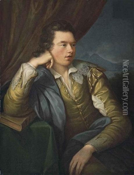 Portrait Of John Campbell, 4th Earl And 1st Marquess Of Breadalbane, In A Yellow Jacket With Lace Collar And Cuffs, His Right Arm Resting On A Book, A Mountainous Landscape Beyond Oil Painting - Angelika Kauffmann