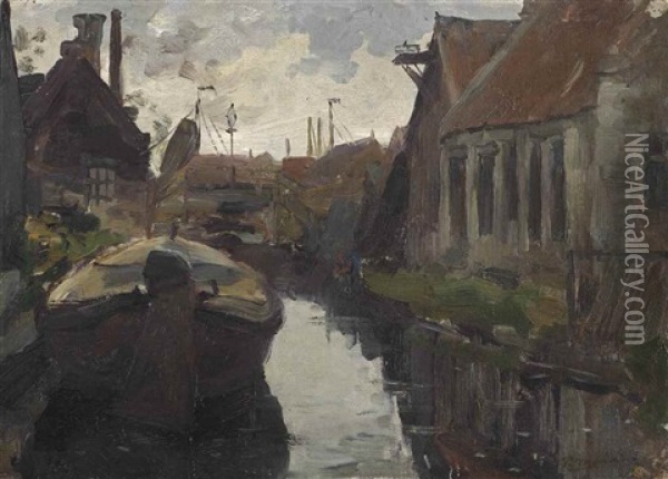 Lange Bleekerssloot With Barge Oil Painting - Piet Mondrian