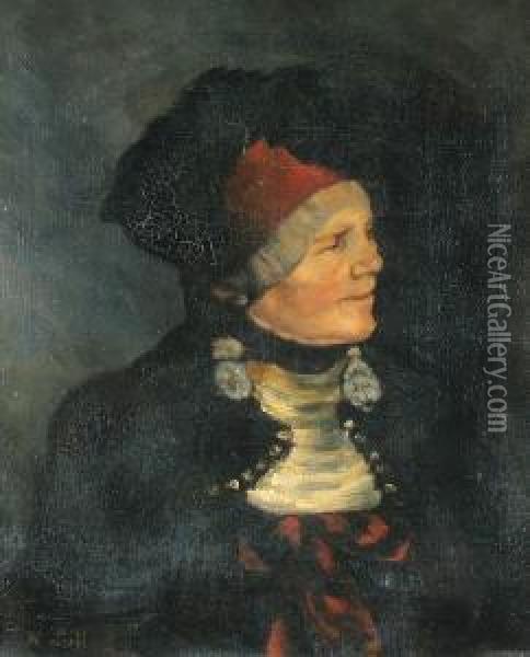A Portrait Of An Elderly Woman Wearing A Red Cap Oil Painting - Wilhelm Leibl