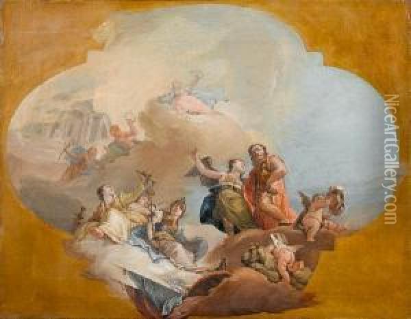 Of The Apotheosis Of Avenetian 
Nobleman Accompanied By The Four Cardinal Virtues, Withina Painted 
Cartouche Oil Painting - Francesco Zugno