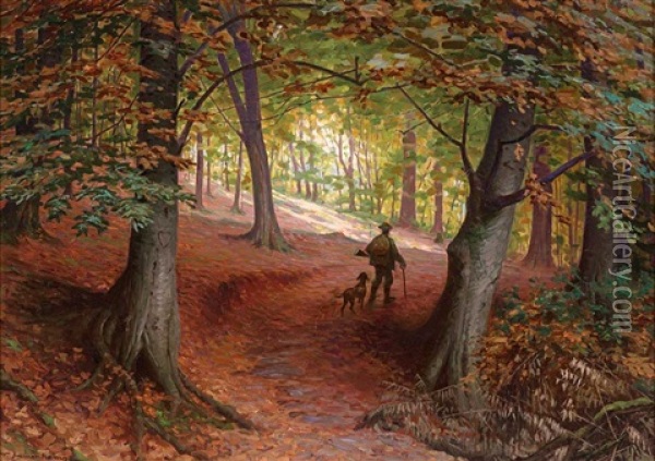 Herbstwald Mit Jager Und Hund Auf Dem Weg Oil Painting - Wilhelm Immenkamp