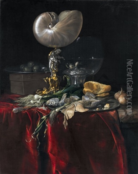 Still Life With Fish, Bread, And A Nautilus Cup Oil Painting - Willem Van Aelst