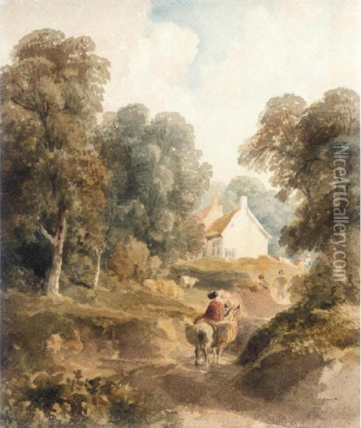 A Woman On A Donkey Returning From Market Oil Painting - Peter de Wint