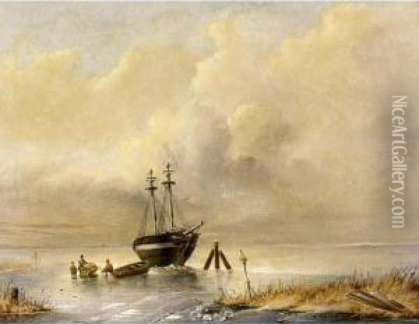 A Winter Landscape With Figures On A Frozen River Oil Painting - Willem Van Der Worp
