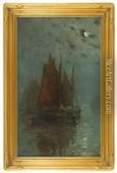 Boats Anchored Under Moonlight Oil Painting - Arthur Vidal Diehl
