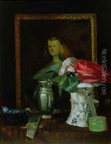 Still Life of Roses Portrait Vase and Fan Oil Painting - George Leslie Hunter