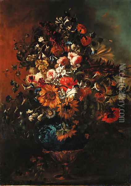 Roses, sunflowers, carnations, morning glory, lilies and other flowers in an ornamental vase Oil Painting - Gabriel De La Corte